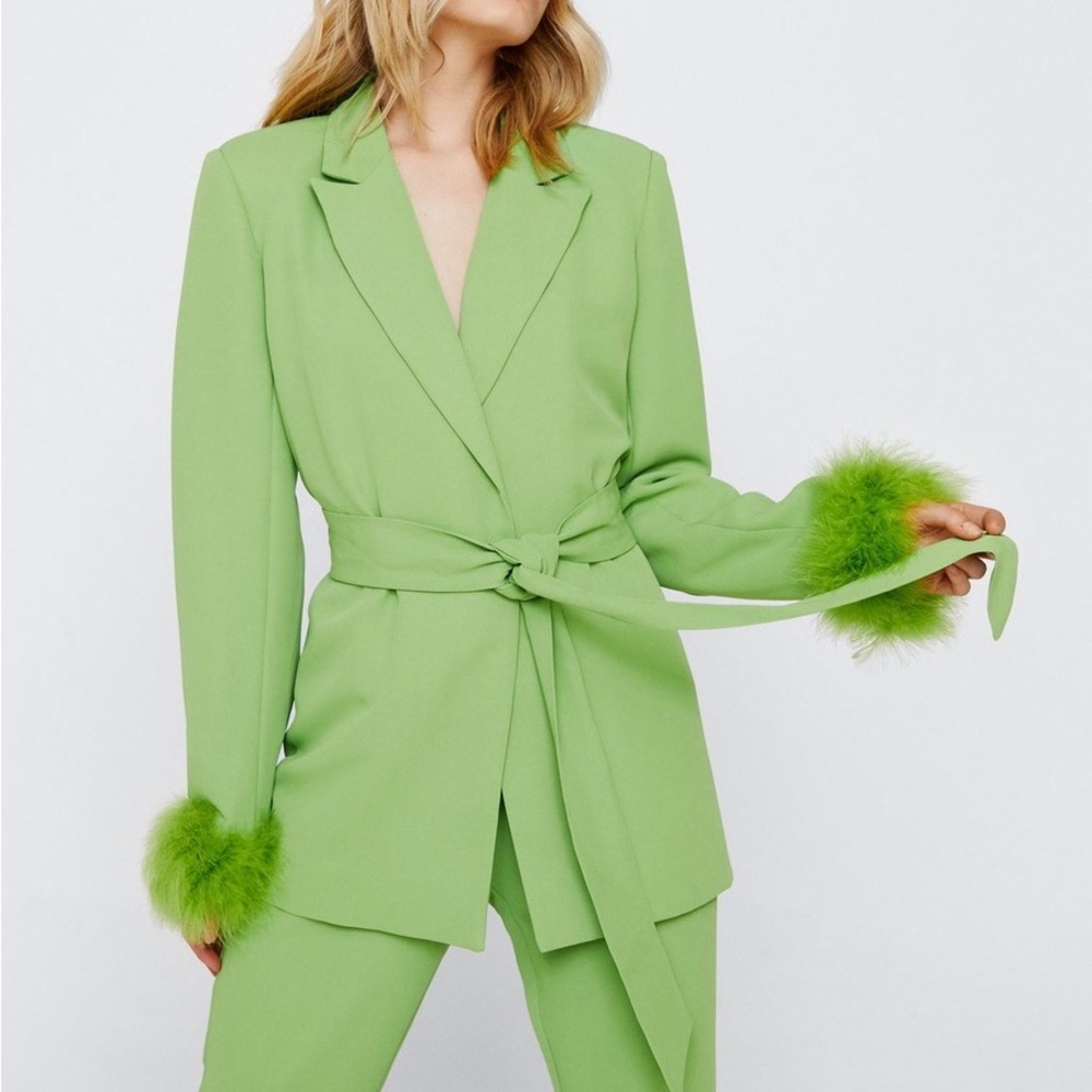 Nasty Gal Green Belted Blazer & Pants With Feather Cuffs